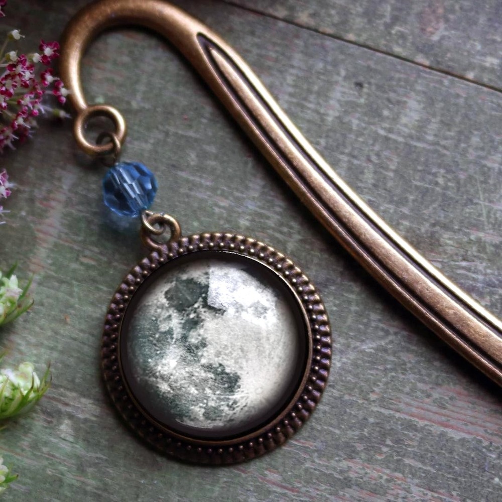 Full Moon Bookmark - Antique Bronze and Glass Cabochon - Vintage‎ Book Hook